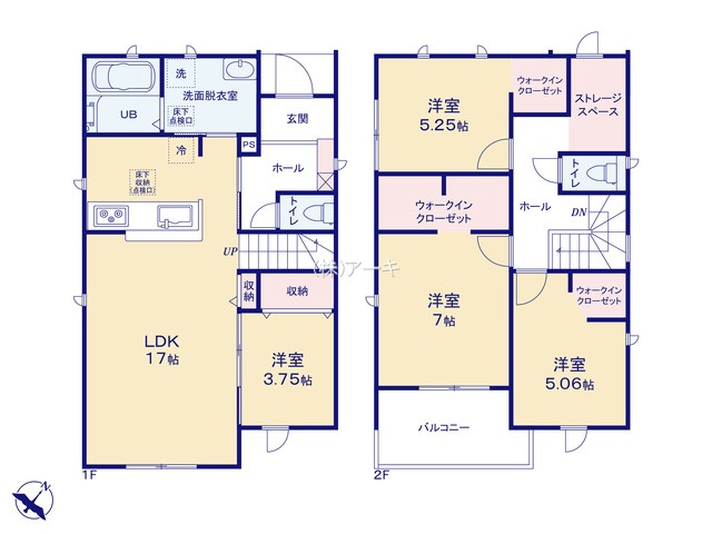 碧南市尾城町三丁目1番『仲介手数料無料』新築一戸建て・建売の間取り|　5号棟1F:LDK17帖に隣接する洋室3.75帖はお子様の遊び場・奥様の家事室に便利！ダイニング収納♪リビングイン階段♪2F:主寝室7帖・洋室5.25帖・洋室5.06帖　WIC設置！ストレージルーム
