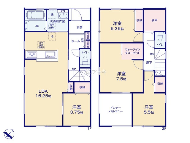碧南市尾城町三丁目1番『仲介手数料無料』新築一戸建て・建売の間取り|　3号棟　1F:LDK16.25帖に隣接する洋室3.75帖はお子様の遊び場・奥様の家事室に便利！リビング収納♪2F:主寝室7.5帖　WIC設置♪洋室5.5帖・洋室5.25帖　CL設置♪ストレージルーム