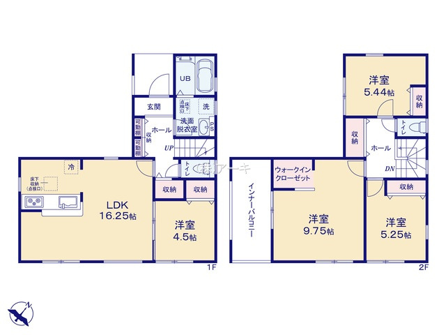 碧南市尾城町三丁目1番『仲介手数料無料』新築一戸建て・建売の間取り|　2号棟　1F:LDK16.25帖に隣接する洋室4.5帖はお子様の遊び場・奥様の家事室に便利！ホール収納♪2F:主寝室9.75帖　WIC設置！洋室5.44帖・洋室5.25帖　CL設置♪ホール収納♪