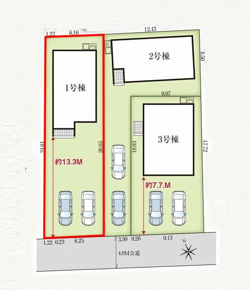 郡山市東原1丁目　　　１号棟　　　富田東小学校、富田中学区の区画図