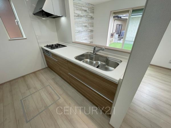 前橋市六供町1丁目A号棟のキッチン|シンクも大きく洗い物もしやすい浄水器付。シャワーヘッドは引き出し可能、シンクの隅々まで洗い流せます。