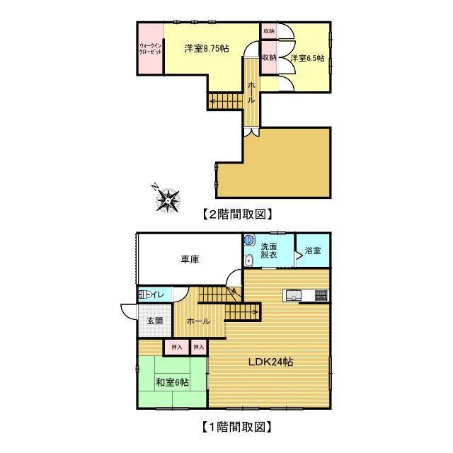 北見市川東２１番地５７　中古売家の間取り|【間取り】屋内車庫付き、3LDK住宅です。用途に合わせて、2階のフリー空間をお部屋にもできます。是非、一度ご覧ください。
