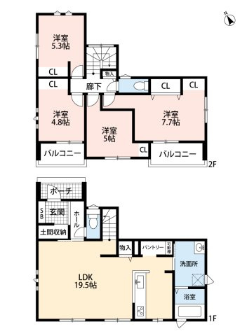 小牧市小木南３丁目　新築戸建の間取り|家族のぬくもりが感じられるリビング階段
収納豊富！土間収納＆パントリーですっきり片付くお家