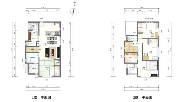岡山市北区万成西町①号地の参考プラン|◆各階平面図
建物プラン例（①号地）建物価格2435万円、建物面積1階部分 48.02㎡、2階部分 43.06㎡、合計91.08㎡