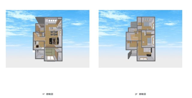 岡山市北区万成西町①号地の参考プラン|◆俯瞰図
建物プラン例（①号地）建物価格2435万円、建物面積1階部分 48.02㎡、2階部分 43.06㎡、合計91.08㎡