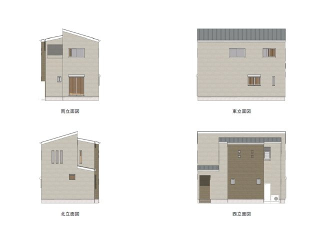 岡山市北区万成西町①号地の外観パース|◆立面図
建物プラン例（①号地）建物価格2435万円、建物面積1階部分 48.02㎡、2階部分 43.06㎡、合計91.08㎡