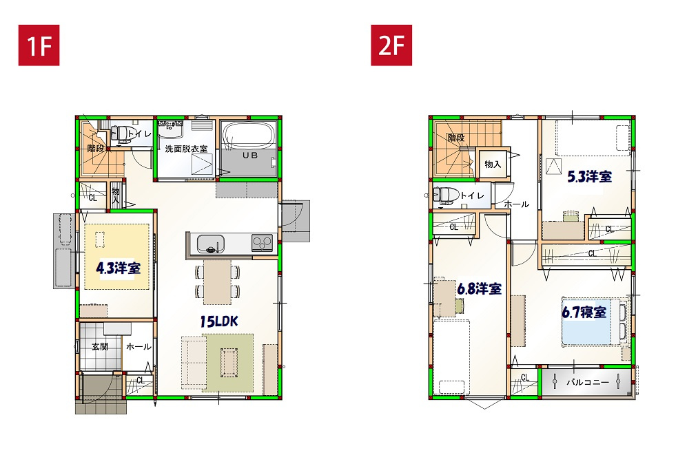 高知市百石町3丁目 ⑪ 新築戸建ての間取り|建物面積95.9平米の4LDK設計のため、ご家族それぞれが自分の時間を大切にできる快適な間取りです。LDK15畳以上や全居室収納にトイレ2ヶ所など、生活動線に配慮した住みやすい工夫がされています。