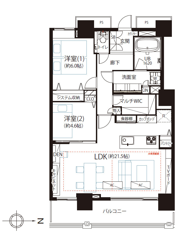2LDK、専有面積：81.20平米、バルコニー面積：11.3平米