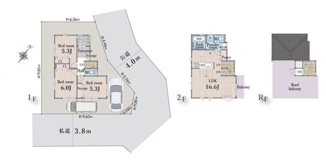 【間取り】 | 堀ノ内　新築戸建て＿東南角地×公園近く×緑豊か、癒しとゆとりの暮らし | 2階建て　81.03㎡　３LDK　ルーフバルコニー付　車2台は車種による。