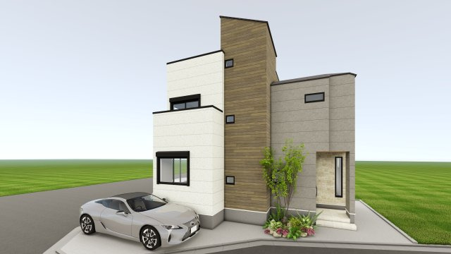 【外観パース】 | 堀ノ内　新築戸建て＿東南角地×公園近く×緑豊か、癒しとゆとりの暮らし | 完成予想図 外観パースは変更になる場合があります