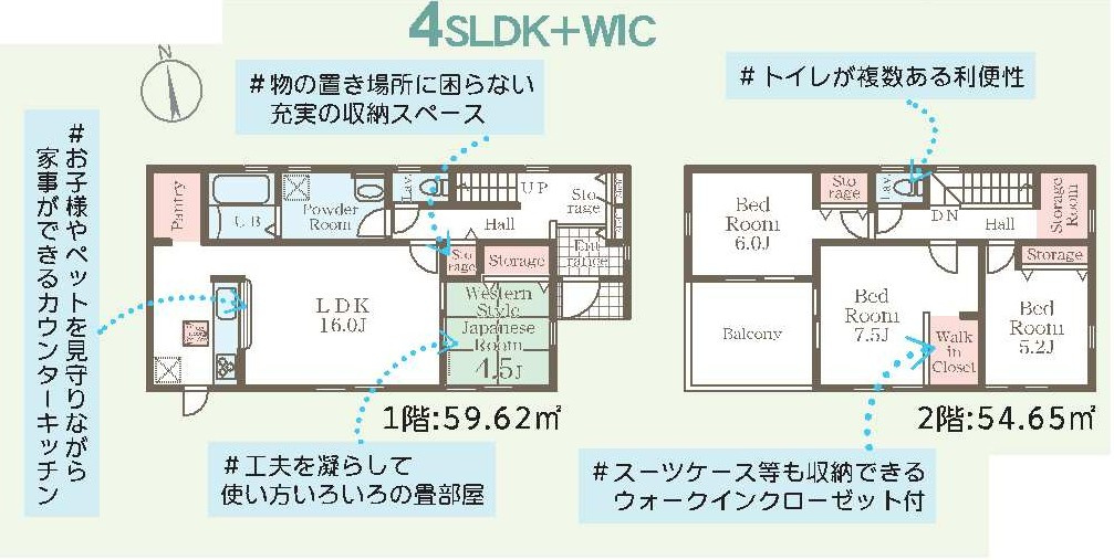 新築　富岡市中高瀬第8　Livele Garden.S　1号棟の間取り|建物面積㎡　全居室南向き♪シューズインクローク・ウォークインクローゼット・納戸収納・各部屋収納付きで便利です！インナーバルコニーなので急な雨でもお洗濯物も安心です。