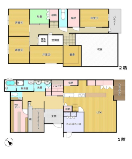 【間取り】 | 糸島市篠原東１丁目　戸建て | 築4年の南西向きオール電化物件。太陽光発電システム、エコキュート付きで設備充実！1階にファミリークローク完備で脱衣所からの動線もばっちりです！