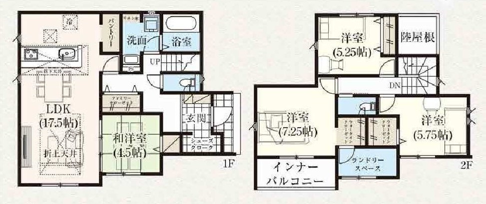 新築　富岡市下高瀬　GRAFARE　1号棟の間取り|建物面積112.61㎡　あると嬉しいランドリースペース♪シューズインクローク・ウォークインクローゼット・各部屋収納付きで便利です！インナーバルコニーなので急な雨でもお洗濯物も安心です。