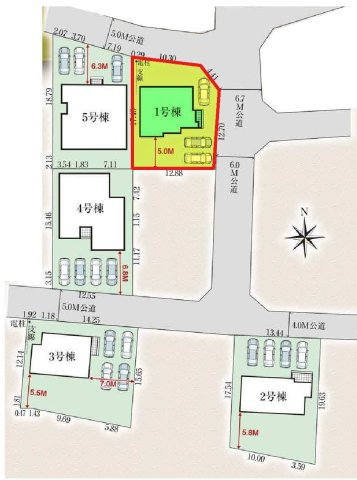 新築　富岡市下高瀬　GRAFARE　1号棟の区画図|1号棟　区画図　北側接道幅員約5ｍ　東側接道幅員約6ｍ
