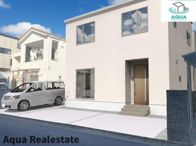 オール電化デザイナーズハウス高松市新北町建売②の外観パース|前面道路含む現地写真です