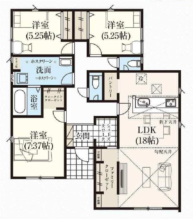 新築　富岡市下高瀬　GRAFARE　4号棟の間取り|建物面積97.71㎡　広々18帖のLDKの平屋のお家♪パントリー・ファミリークローク・ウォークインクローゼット・各部屋収納付きで便利です！ホスクリーン付きの洗面室で室内干しができます！