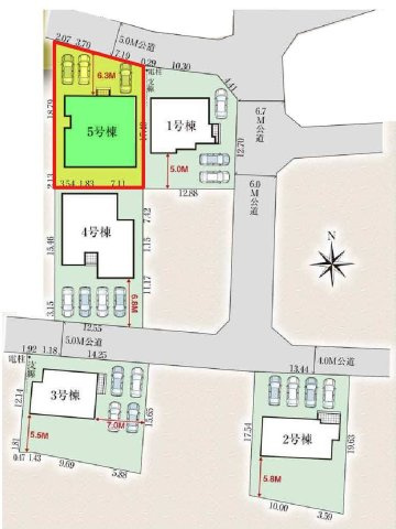 新築　富岡市下高瀬　GRAFARE　5号棟の区画図|5号棟　区画図　北側接道幅員約5ｍ