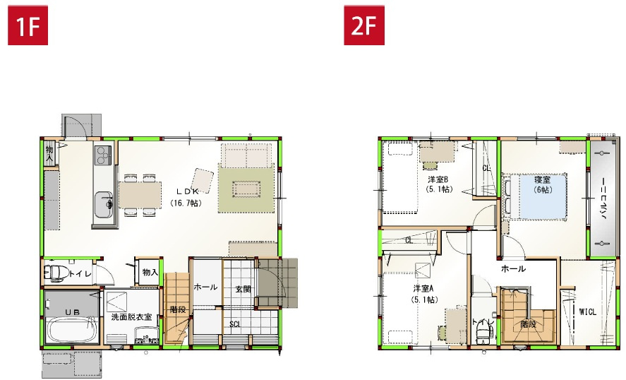 【８月末まで　特別価格】高知市瀬戸東町3丁目　新築戸建　②　【全2区画】の間取り|3LDK+WICL+SCL　　建物面積　88.33㎡（約26.71坪）