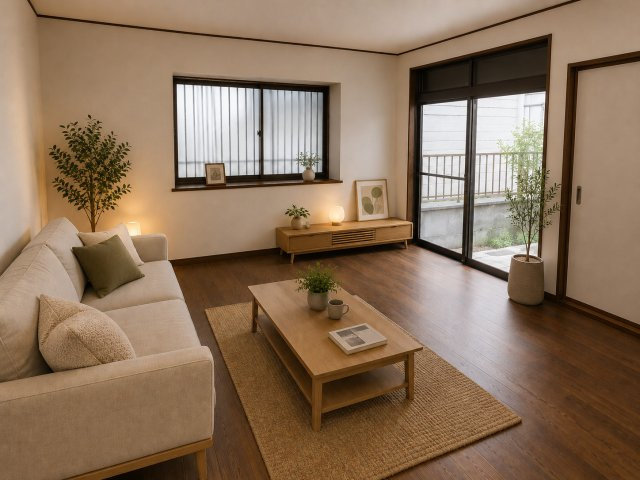 東中振1丁目　中古一戸建ての居間・リビング|※この画像はAIによるバーチャルステージング画像です。
実際の物件には家具・インテリアは含まれません。
■物件内覧・資金計画相談・住宅ローン相談、リフォーム相談、お問合せ受付中■