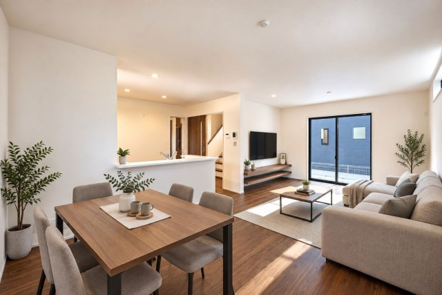 リーブルガーデン西宮市五月ケ丘新築一戸建て│3LDK＋駐車2台可の居間・リビング|1階LDK広さは約18帖でダイニングテーブルやソファーを設置しても十分な広さとなっております。※家具・小物はCGによるイメージです。実際には設置されておりません。