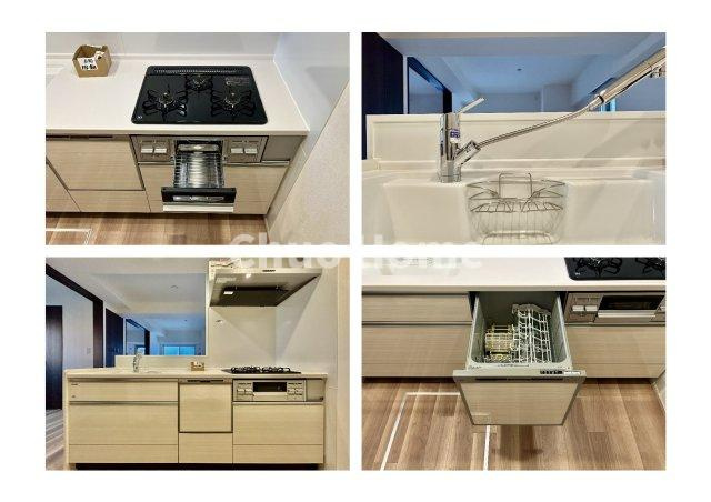 リヴシティ日暮里のキッチン|【システムキッチン】ワイドで収納豊富な使い勝手の良いカウンターキッチンには、食洗器・伸縮タイプのキッチン水栓、三ツ口コンロ・魚焼きグリルなどの便利な設備が標準完備されています。