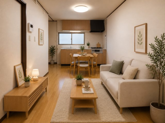 深田町　中古一戸建ての居間・リビング|※この画像はAIによるバーチャルステージング画像です。
実際の物件には家具・インテリアは含まれません。
■物件内覧・資金計画相談・住宅ローン相談、リフォーム相談、お問合せ受付中■