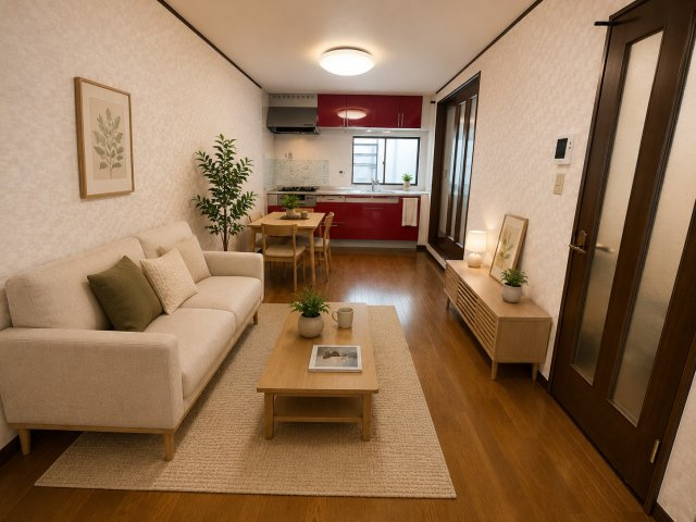 野里町　中古一戸建ての居間・リビング|※この画像はAIによるバーチャルステージング画像です。
実際の物件には家具・インテリアは含まれません。
■物件内覧・資金計画相談・住宅ローン相談、リフォーム相談、お問合せ受付中■