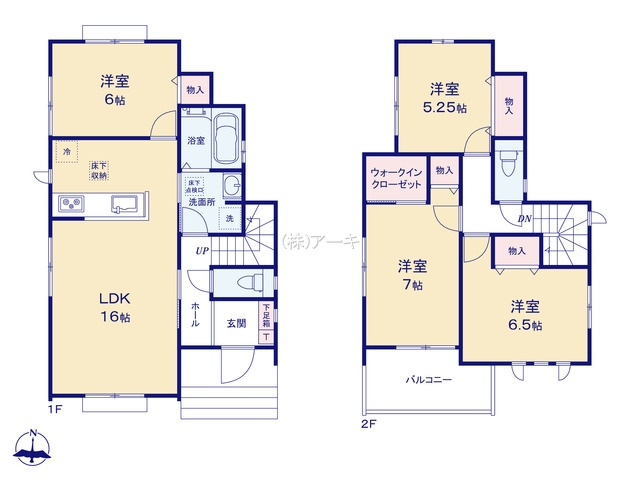 知立市新林町新林47-9『仲介手数料無料』新築戸建ての間取り|　A号棟　1F:LDK16帖！洋室6帖　CL設置♪家事動線の良い間取り♪2F:主寝室7帖　WIC設置！洋室6.5帖・洋室5.25帖　CL設置♪南面バルコニー♪