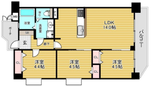 藤和シティコープ市岡の間取り|◆3LDK、価格2490万円、専有面積60.12㎡、バルコニー面積7.72㎡
