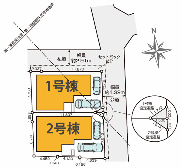 【区画図】 | 富士見市上沢2丁目　新築一戸建住宅　全2棟（ふじみ野店） | 1号棟：カースペース2台分の、きれいな整形地！