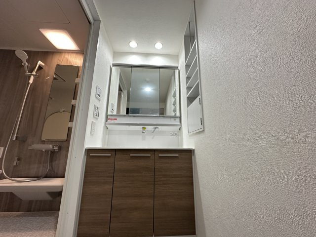 セントラルコート横濱井土ヶ谷の独立洗面台|収納たっぷり！ドライヤー、化粧品やシェービングセットなどもしっかりしまえる！埋め込み式収納も便利！