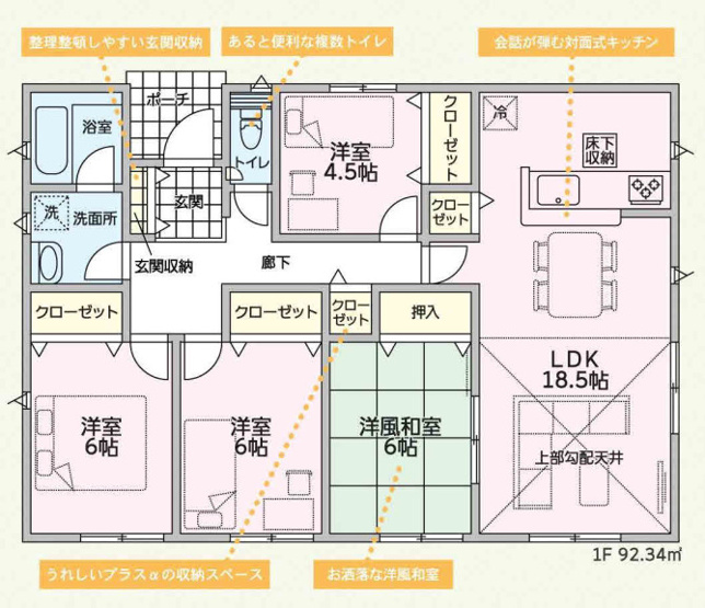 【間取り】 | 太田市南ヶ丘町第2　アーネストワン　新築平屋 | 敷地面積265.80㎡（80坪超）の平屋建ての新築住宅です。18.5帖の広々としたLDKを中心に各室に収納を完備しております♪