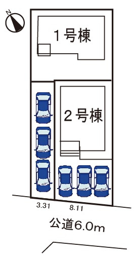 小牧市小木2丁目　新築戸建　2号棟の区画図|並列駐車3台可能