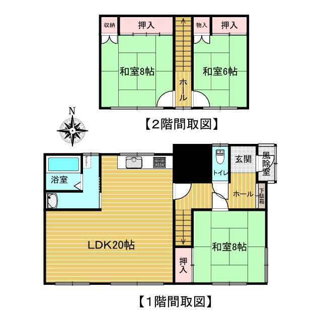 北見市中央三輪３丁目５００番地１１　中古売家の間取り|【間取り図】リフォーム後の間取り図です。浴室の拡張とリビングの拡張を行います。1階１部屋、2階2部屋の３LDKになります。
