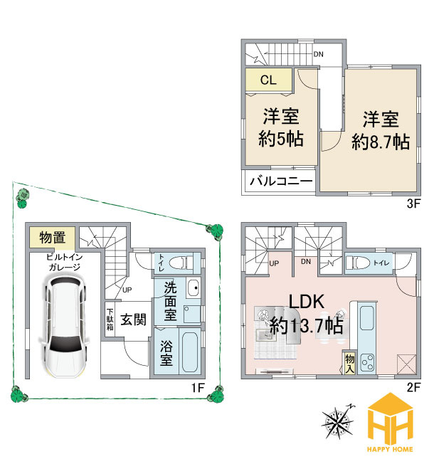 ファーストタウン梶ケ島新築一戸建て│2LDK+駐車1台可（ビルトインガレージ）の間取り|※現況と図面が異なる場合現況を優先いたします。
