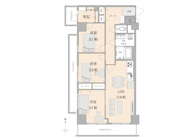 【間取り】 | ライオンズマンション本川越　(ふじみ野店) | ウォークインクローゼットを完備した収納力のある3LDK。
角部屋につき陽当り良好です！