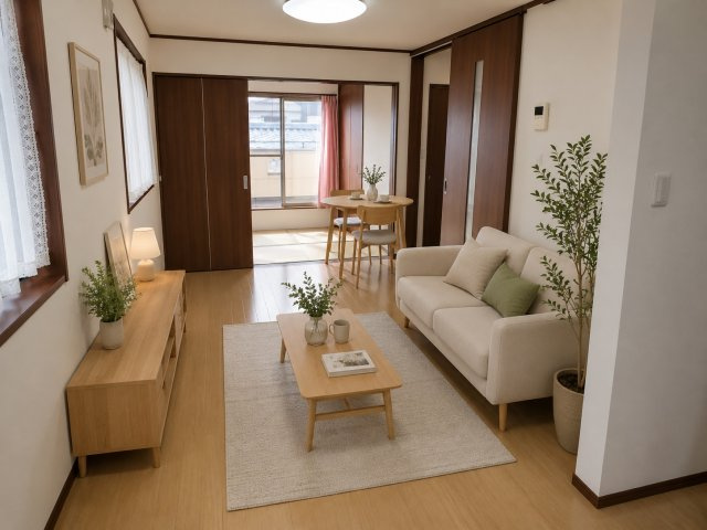 江端町　中古一戸建ての居間・リビング|※この画像はAIによるバーチャルステージング画像です。
実際の物件には家具・インテリアは含まれません。
■物件内覧・資金計画相談・住宅ローン相談、リフォーム相談、お問合せ受付中■