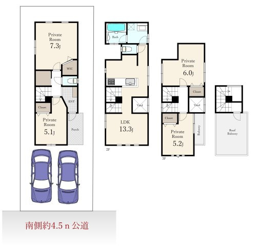板橋区東新町2丁目の間取り|4LDK、土地面積78.29m2、建物面積97.88m2 、2階にLDK+水廻りを配した生活しやすい間取りとなっております