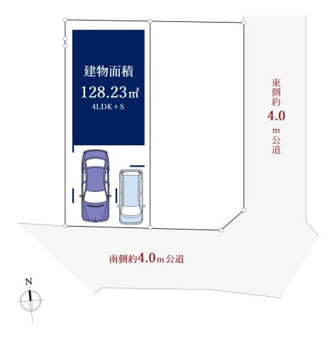 板橋区前野町6丁目 限定1棟の区画図|土地面積76.48m2、建物面積128.23m2 、南向きの整形地♪♪
【お車並列2台駐車可能(車種による)】