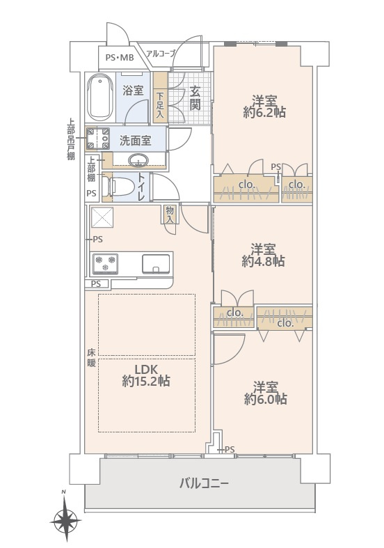 グランディム京都烏丸五条の間取り|3LDK、価格8480万円、専有面積70.44㎡、バルコニー面積8.62㎡