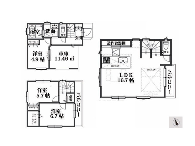 【間取り】 | 朝霞市三原1丁目　新築一戸建住宅　全1棟（朝霞店） | 設備仕様が充実した3ＬＤＫの住まい
リビングはゆったりとした16.7帖です♪