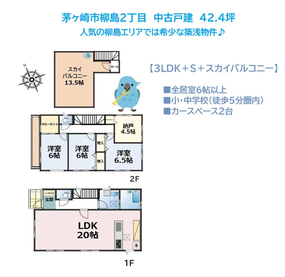 【間取り】 | 幅広い世代に馴染む3LDK＋S！13.5帖のスカイバルコニー付き！
全居室6帖以上のゆとり＆収納付き◎