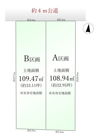 練馬区富士見台3丁目 全2区画 A区画の土地図|土地面積108.94㎡ 前面道路約4.0ｍ公道に面する全2区画 