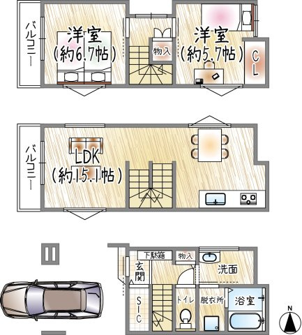 上甲子園5丁目の土地図＋建物プラン例|参考プラン図