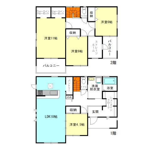 【間取り】 | フォーセール渋川市第3金井ー① | 全居室南向き＋2階6帖以上ののびのび間取り！
シューズインクロークやパントリー、サンルームになるストレージ付き！