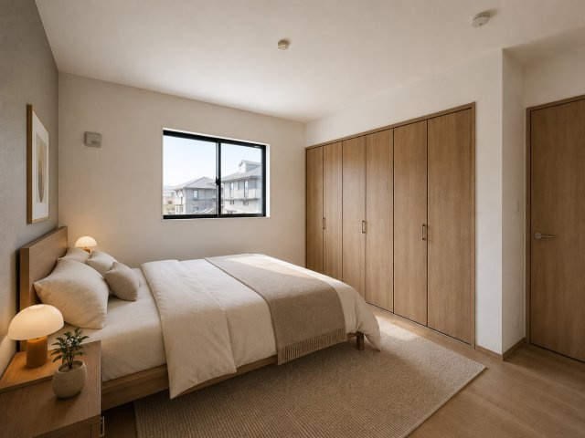 桜井市西之宮の寝室|寝室にぴったりな洋室6.8帖　クローゼット付き（画像の家具はAIによって作成したものです）
　