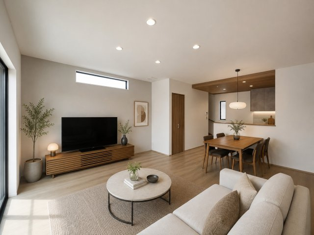 桜井市西之宮の居間・リビング|18帖あるLDK（画像の家具はAIによって作成したものです）
