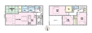 【間取り】 | 笛吹市石和町河内 新築戸建全2棟 2号棟 南道路・車並列3台 | 2号棟間取り　98.82㎡　広々リビング18帖