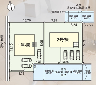 【区画図】 | 笛吹市石和町河内 新築戸建 全2棟 1号棟 車3台 南道路 | 1号棟区画図　南道路で日当たり良好