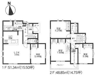 【間取り】 | 綾瀬市蓼川2丁目  1号棟 2期 | 4LDK+屋根裏収納　都市ガス　網戸標準仕様　シャッター5箇所付　玄関ドアFamiLock　浴室乾燥機+窓・浴室TV　食洗器・浄水器　セカンド洗面　室内物干し　全居室収納　LDK16帖+洋室5.4帖　